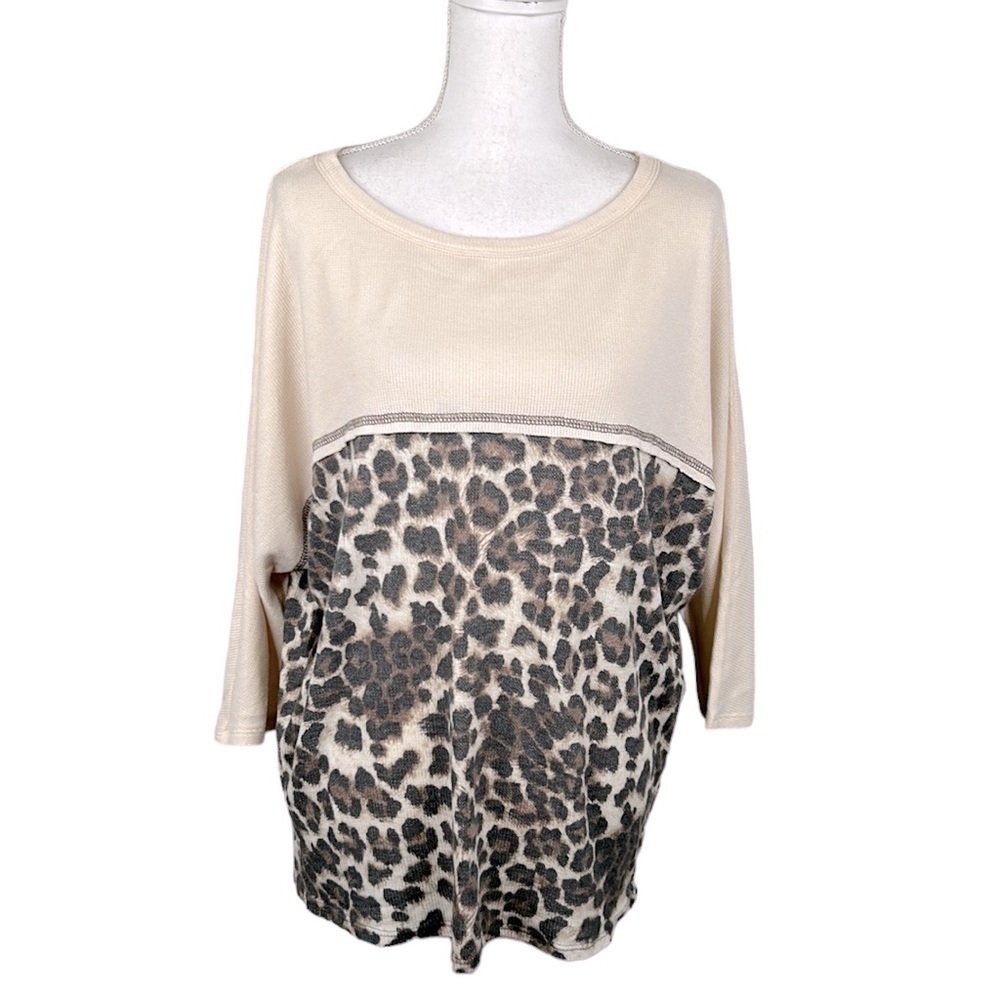 First Love Cream & Brown Leopard Oversized Thermal‎ Top Size Large